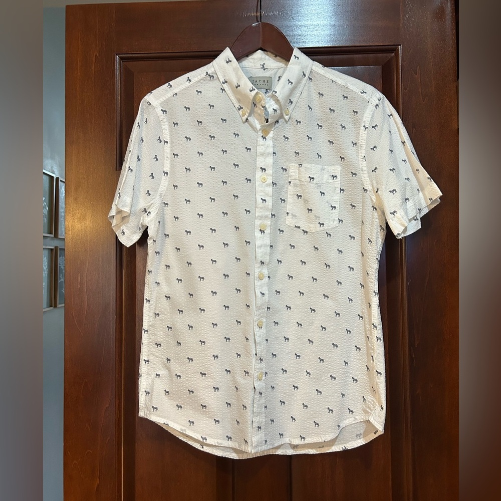 JACHS NY Zebra Print Short Sleeve Button Up Shirt‎ White Cotton Size M?